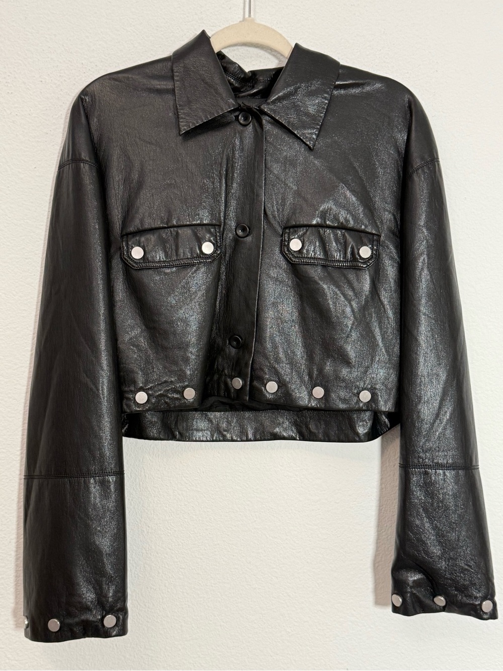 Nanushka Kassie Leather Cropped Jacket Black Minimalist Snap Front Quiet Luxury